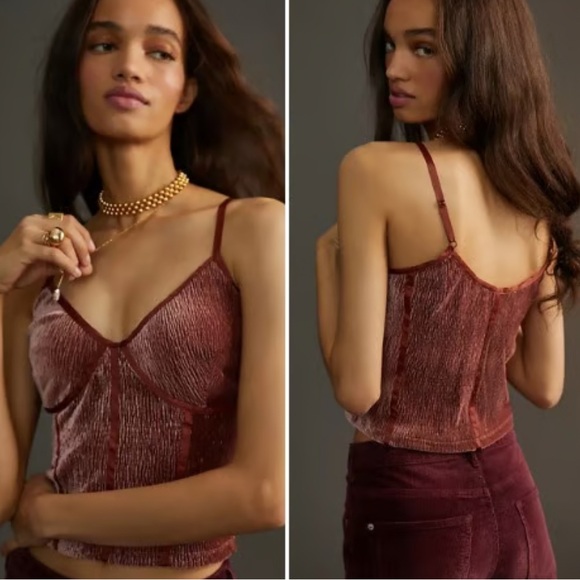 Anthro Blue Tassel Corset Seamed Cami Top Crushed Velvet Spaghetti Straps Large - Picture 12 of 12